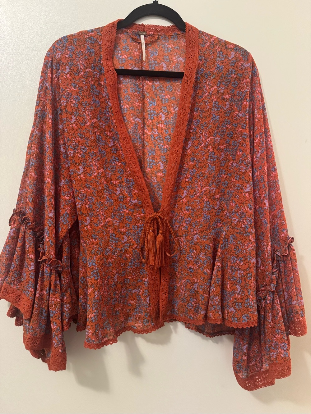Free People Bohemian Rust Floral Tie-Front Kimono Top - Unbranded